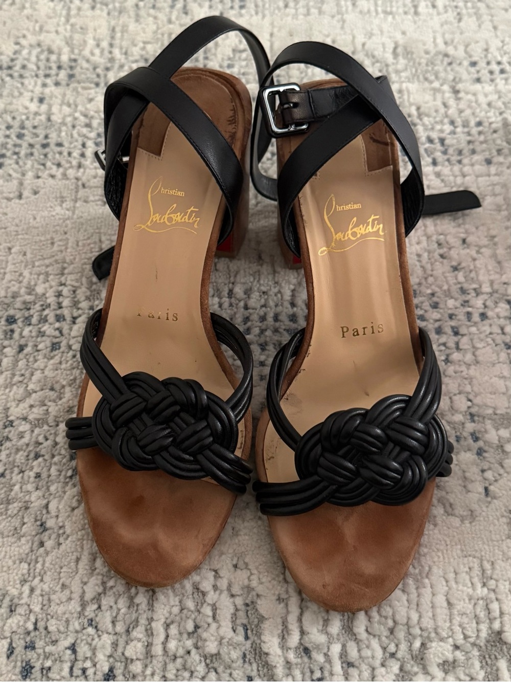 Christian Louboutin Black Knotted Leather Ankle Strap Sandals 38